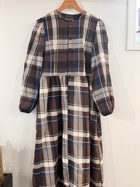 Plaid Button-Front Midi Dress in Brown and Blue